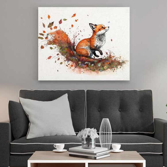 Fox with Butterfly Watercolor Oil Painting Art‎ 20x30 Wall Print - Picture 2 of 9